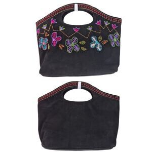 J Renee Black Suede Leather Pink Green Blue Embroidered Floral Handbag Purse